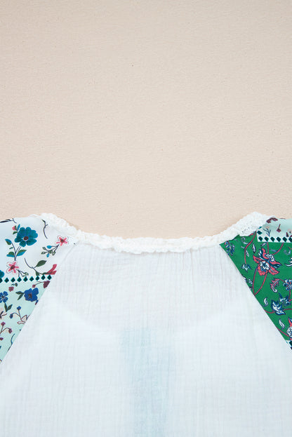 Premium White Plant Mesh Patch Color Block Half Button Blouse