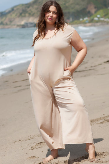 Effortlessly chic light beige cap sleeve wide leg jumpsuit for curvy silhouettes