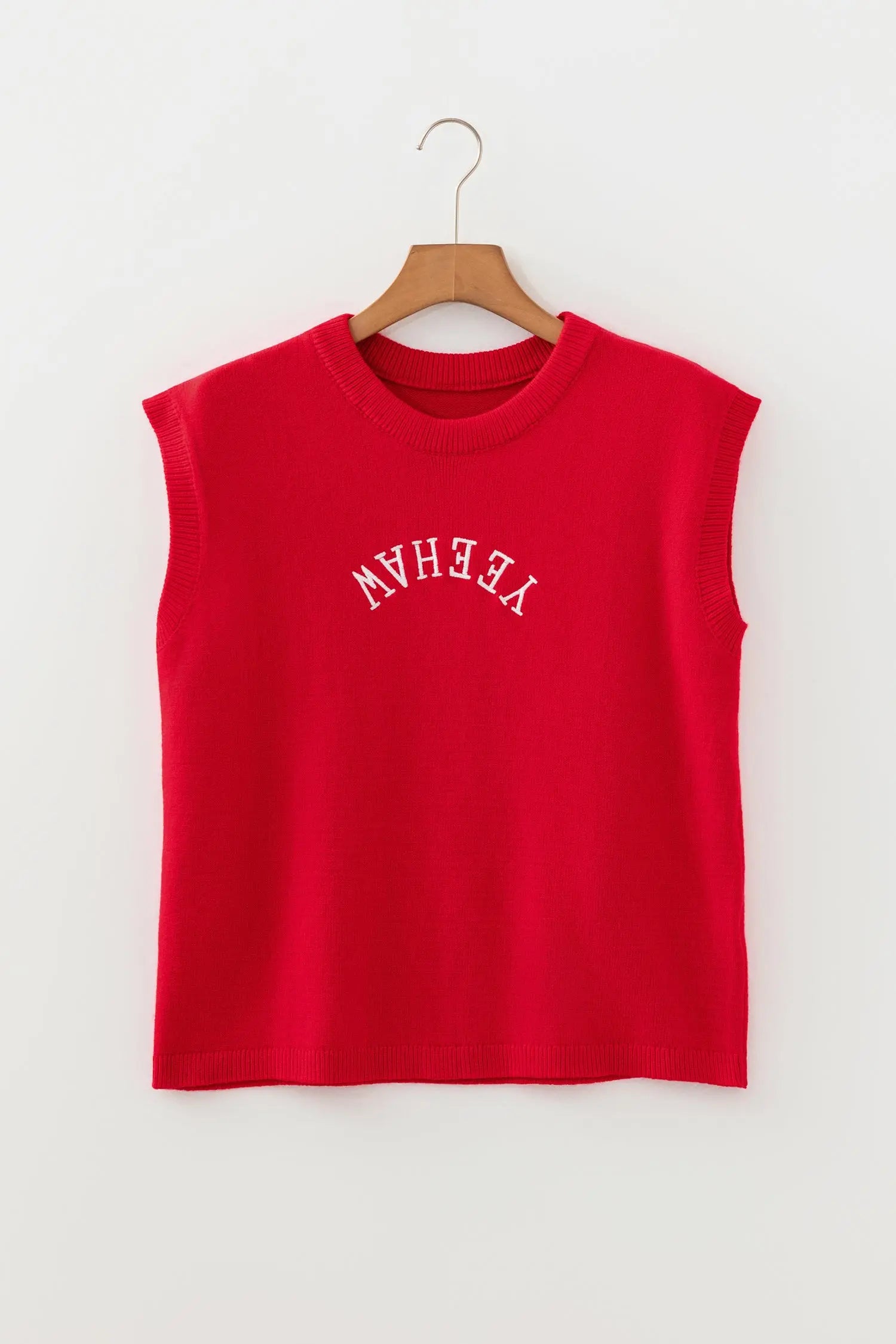 Fiery Red Embroidered Yeehaw Letter Loose Short Sleeve Sweater Dear-Lover Dropshipping