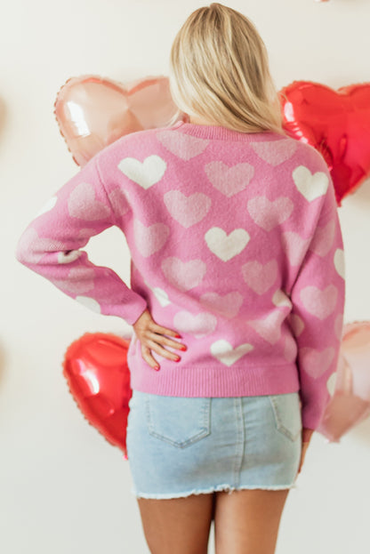 Valentine's Day Pearled Heart Print Pink Crew Neck Sweater