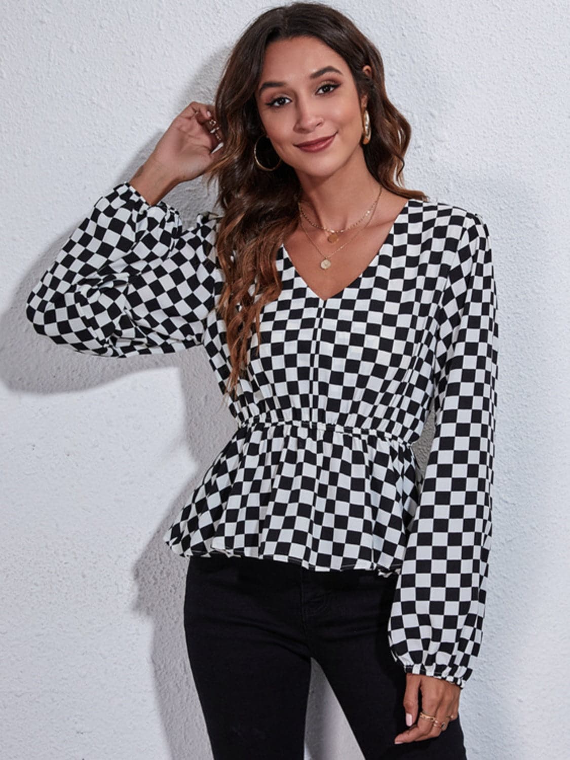 Ruched Printed V-Neck Long Sleeve Blouse.