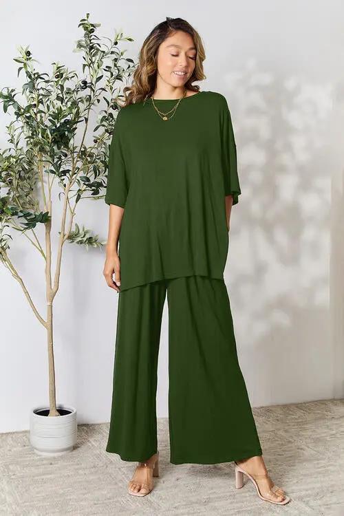 Double Take Full Size Round Neck Slit Top and Pants Set - Love Salve