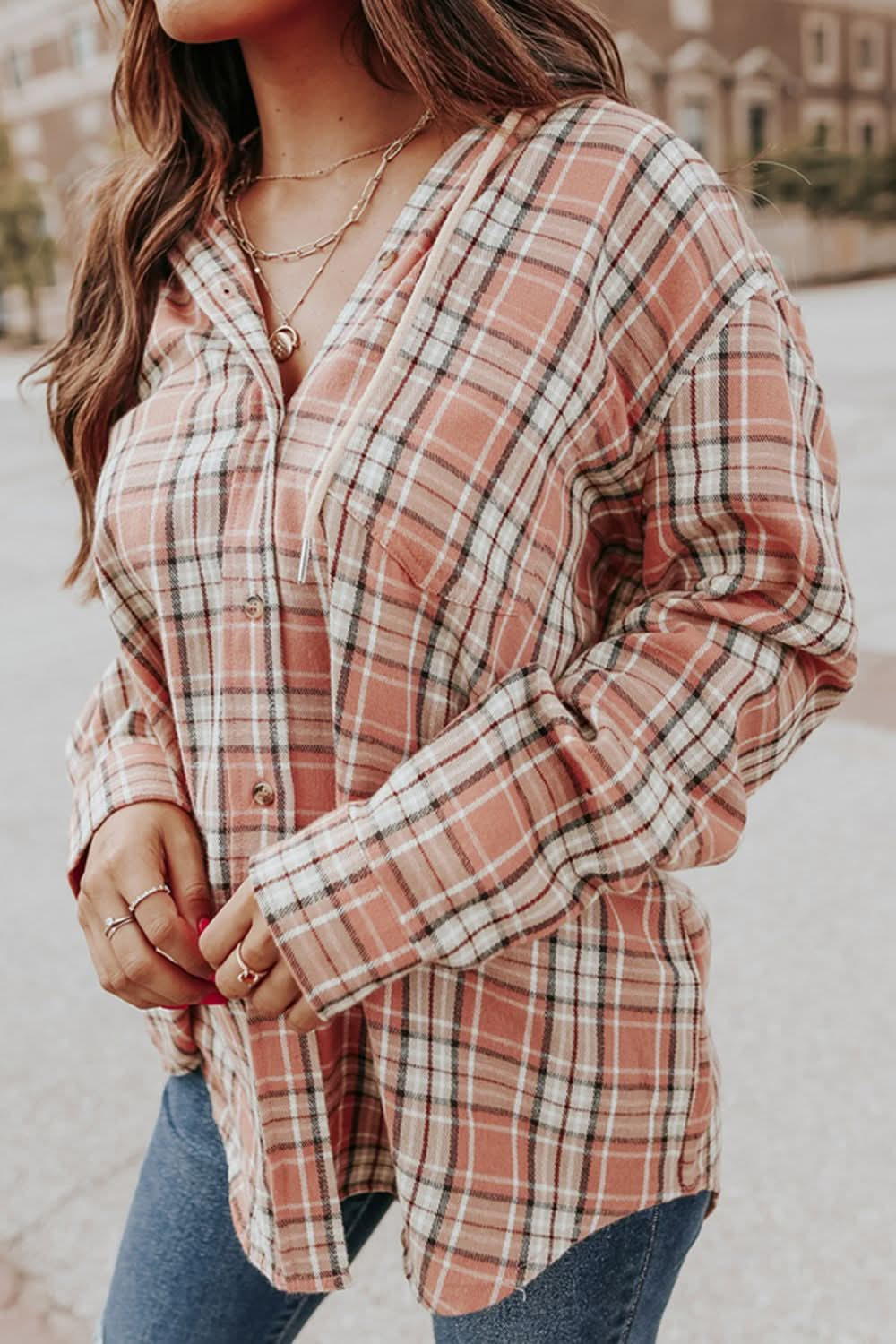 Plaid Drawstring Hooded Long Sleeve Top