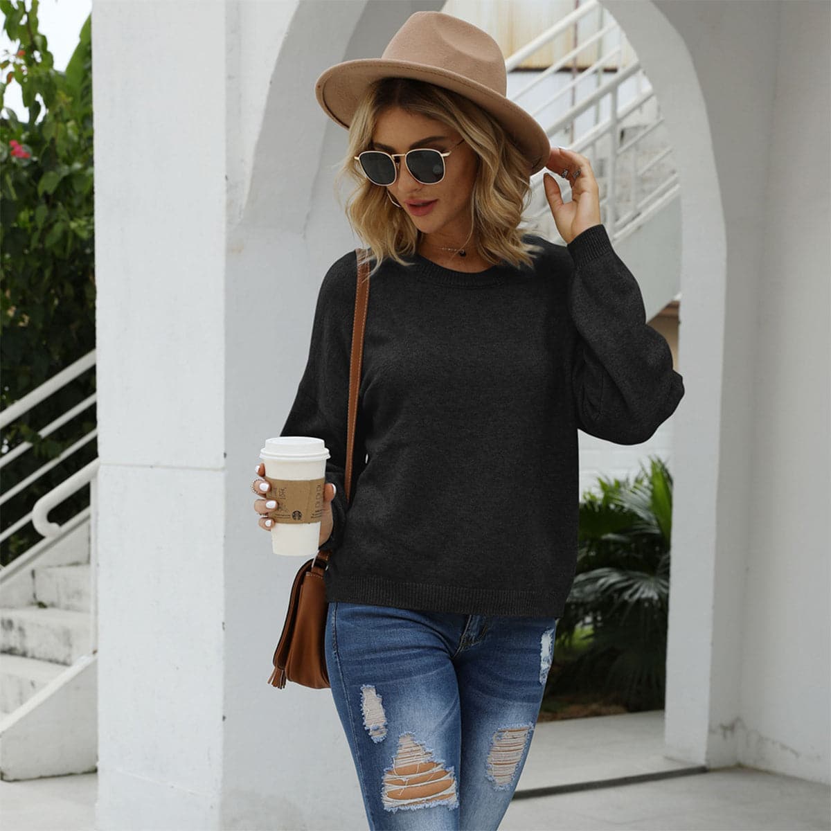 Round Neck Long Sleeve Drop Shoulder Sweater.