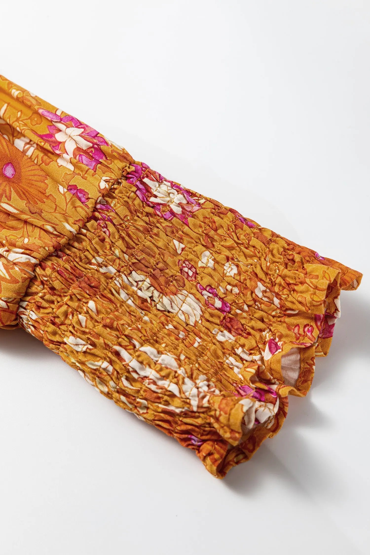 Orange Floral Print Smocked Waist Long Sleeve Boho Maxi Dress Dear-Lover Dropshipping