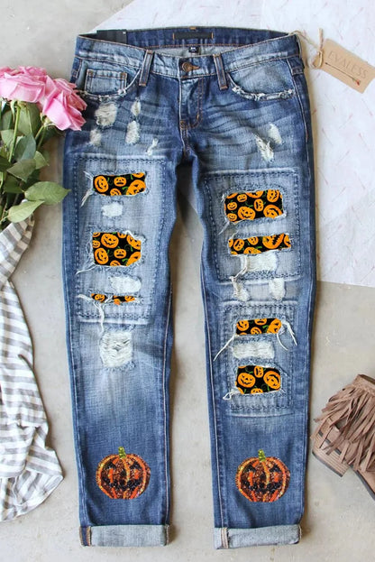 Trendy pumpkin distressed straight-leg jeans