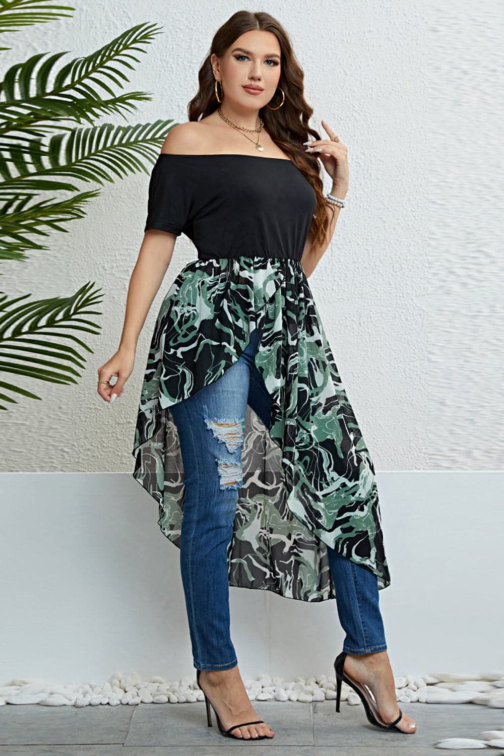 Plus Size Off-Shoulder Asymmetrical Hem Dress.