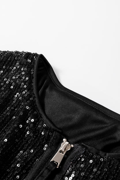 Glamorous black sequin zip-up jacket with long sleeves