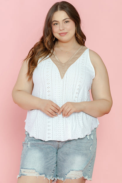 Elegant white plus size lace tank top with v-neck design