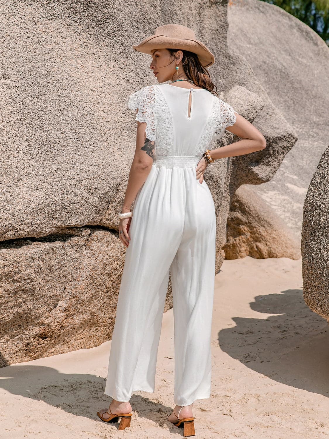 Lace Detail Plunge Cap Sleeve Jumpsuit.