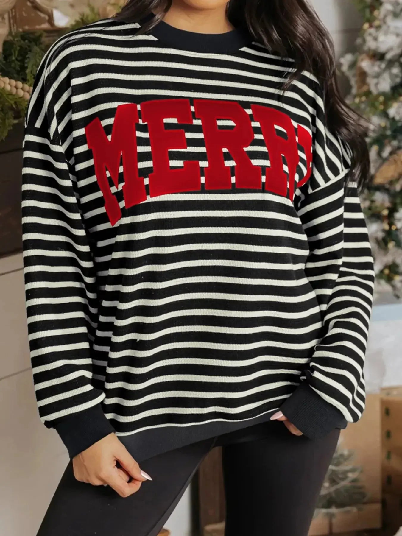 Striped Christmas Sweatshirt With Red Merry Letter Print Drop Shoulder Simply Love