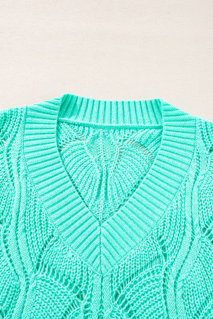 Chic mint green v-neck hollow-out knit sweater with drop shoulders