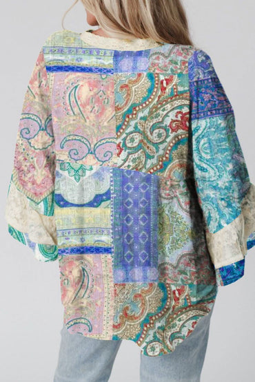 Lace-Trimmed Patchwork Blouse with Notched Three-Quarter Sleeves