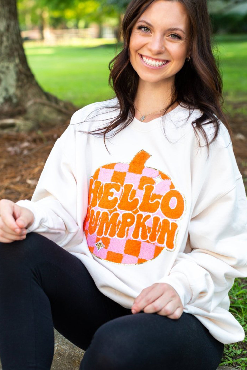 Autumn vibes: White pumpkin patch pullover sweatshirt