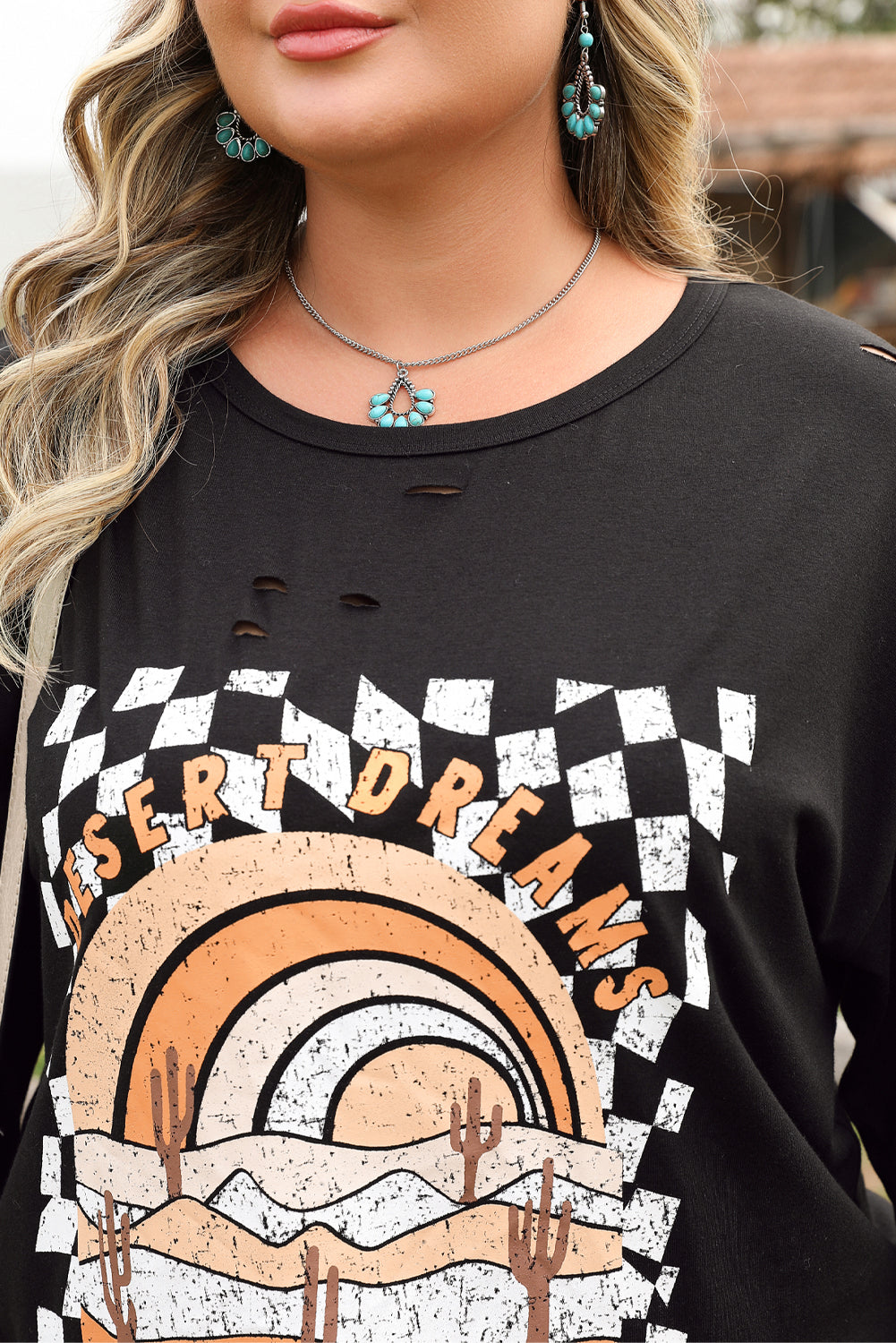 Black Checkered DESERT DREAMS Plus Size Ripped Tee