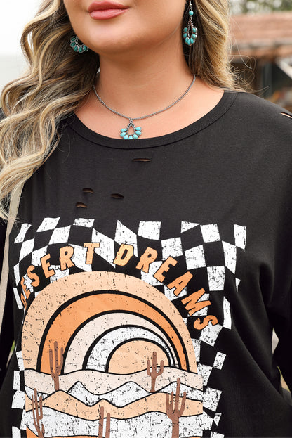 Black Checkered DESERT DREAMS Plus Size Ripped Tee