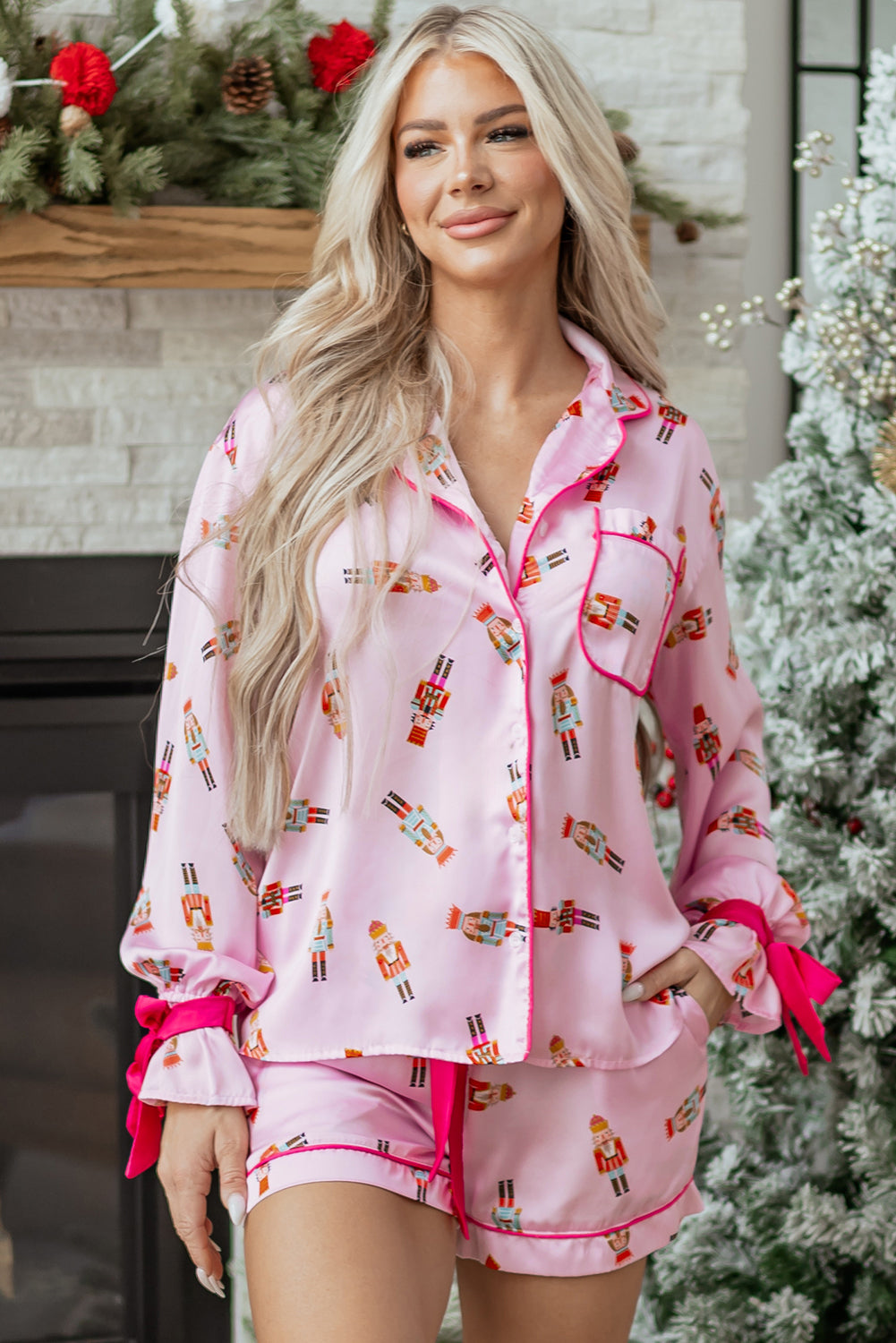 Pink Nutcracker Print Two Piece Pajama Set Contrast Trim Bow Dear-Lover Dropshipping