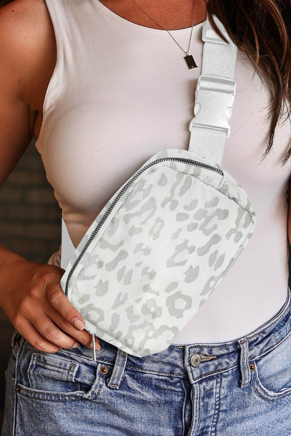 Chic white leopard print canvas chest bag with buckle closure