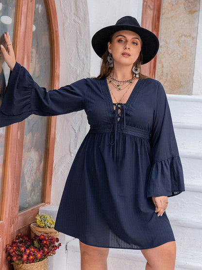 Plus Size Tie Front V-Neck Flare Sleeve Dress.