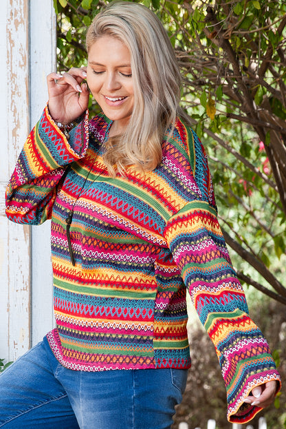 Vibrant red boho striped long sleeve plus size top