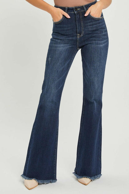 RISEN High Waist Raw Hem Flare Jeans.