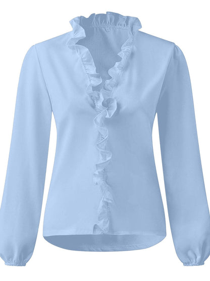 Chic ruffled v-neck long sleeve blouse