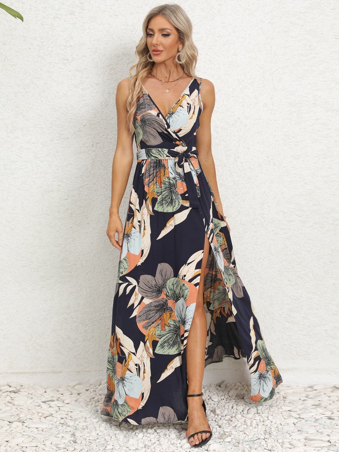 Slit Tied Printed Surplice Dress.