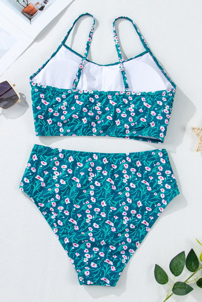 Blue Floral Print Smocked Cute Bikini Set for Summer Fun