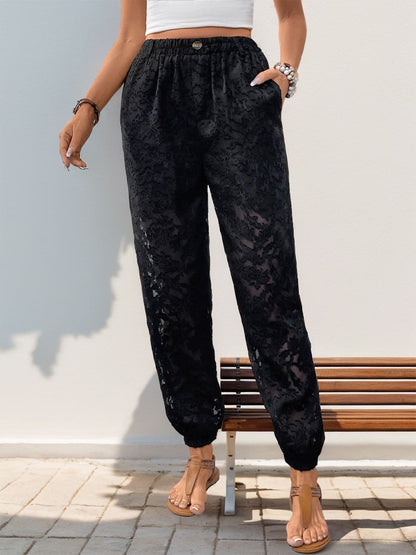 Luxe Lace-Trimmed Pocketed Elastic Waist Trousers