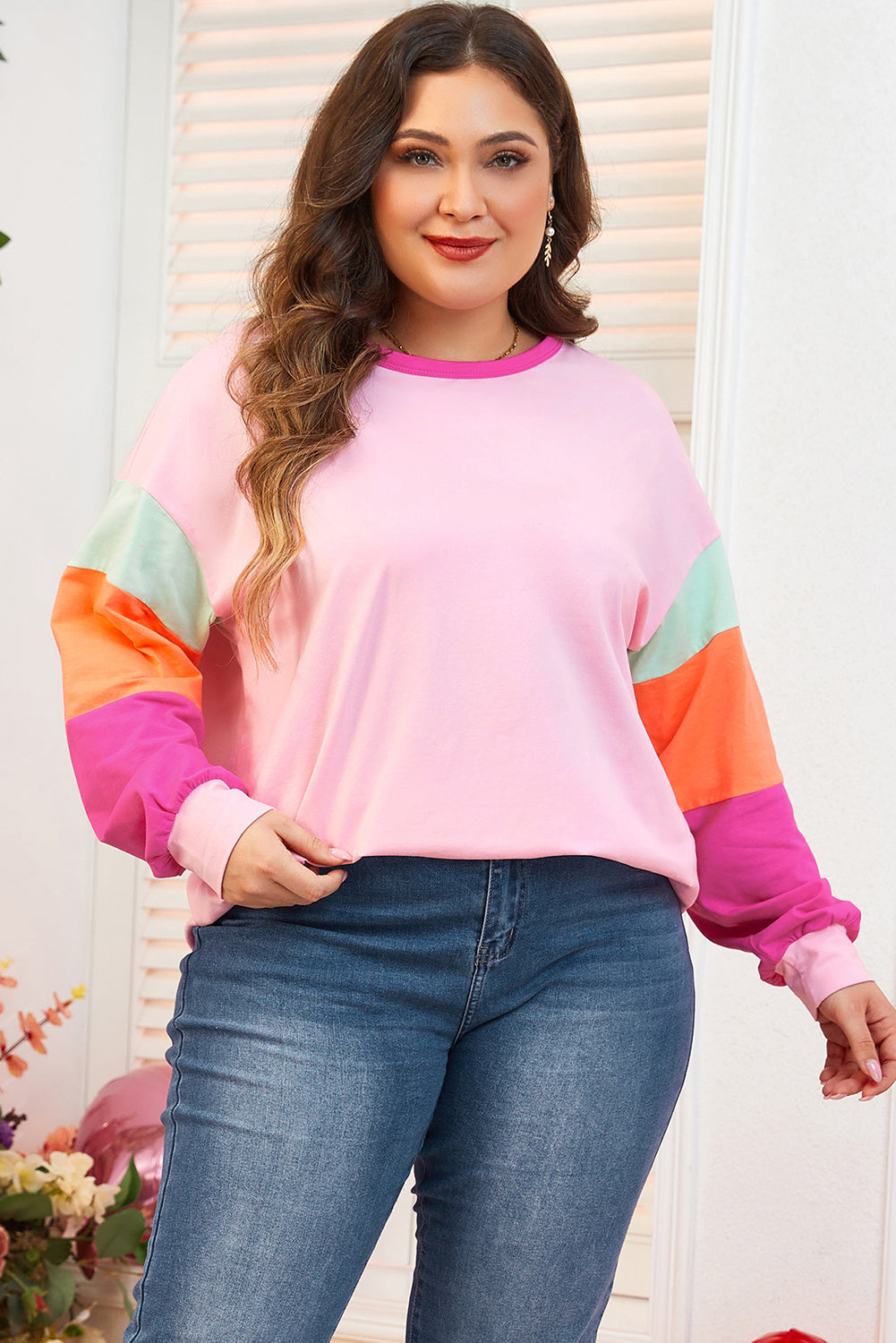 Trendy pink colorblock patchwork long sleeve top for plus sizes