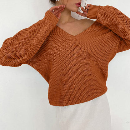 V-Neck Dropped Shoulder Long Sleeve Sweater.