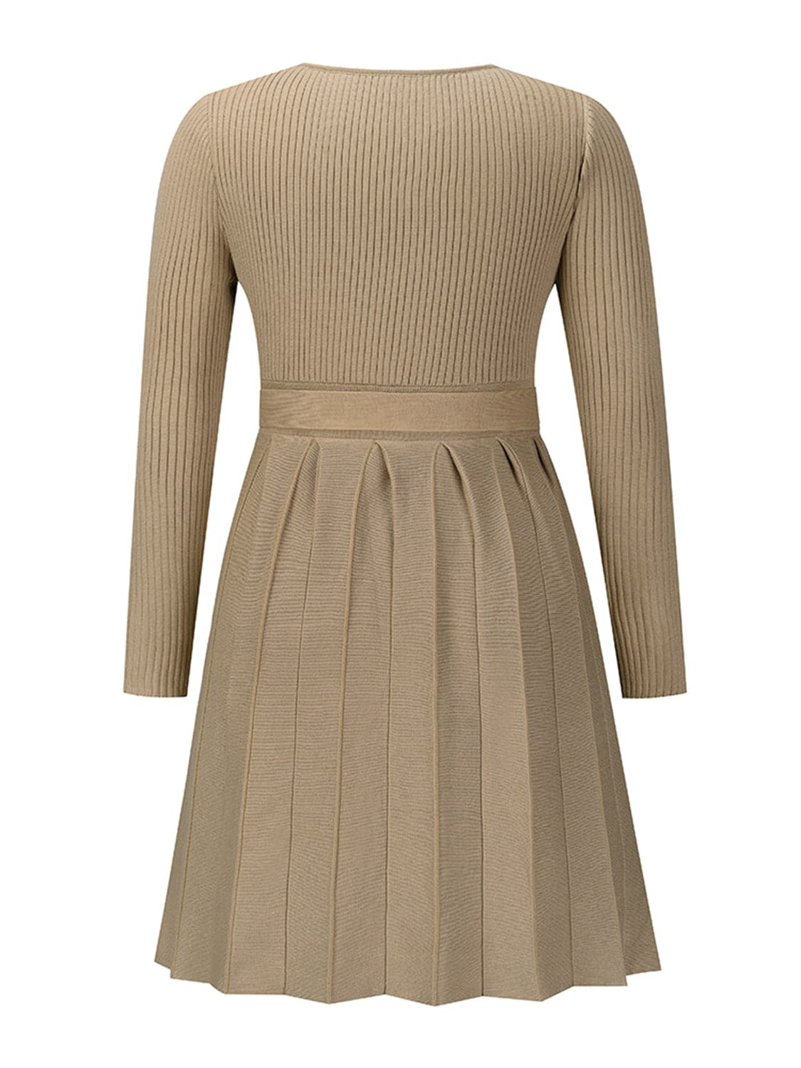 Surplice Neck Tie Front Pleated Sweater Dress.