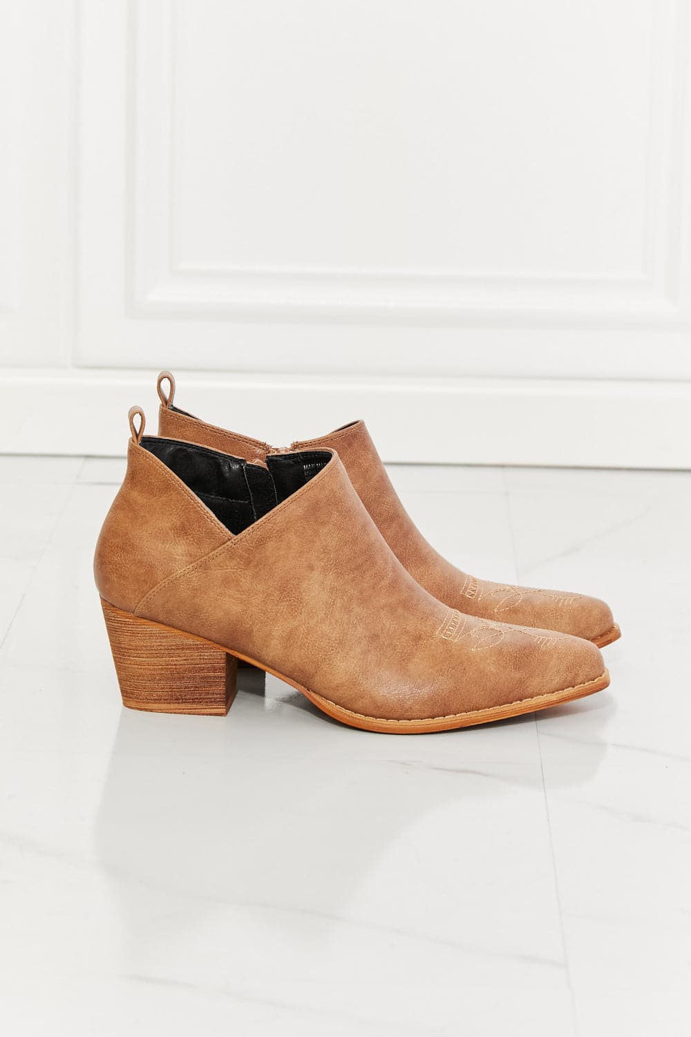 MMShoes Trust Yourself Embroidered Crossover Cowboy Bootie in Caramel.