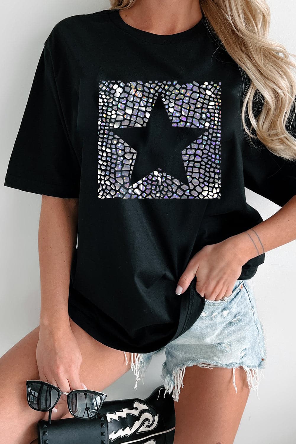 Star Round Neck Short Sleeve T-Shirt.