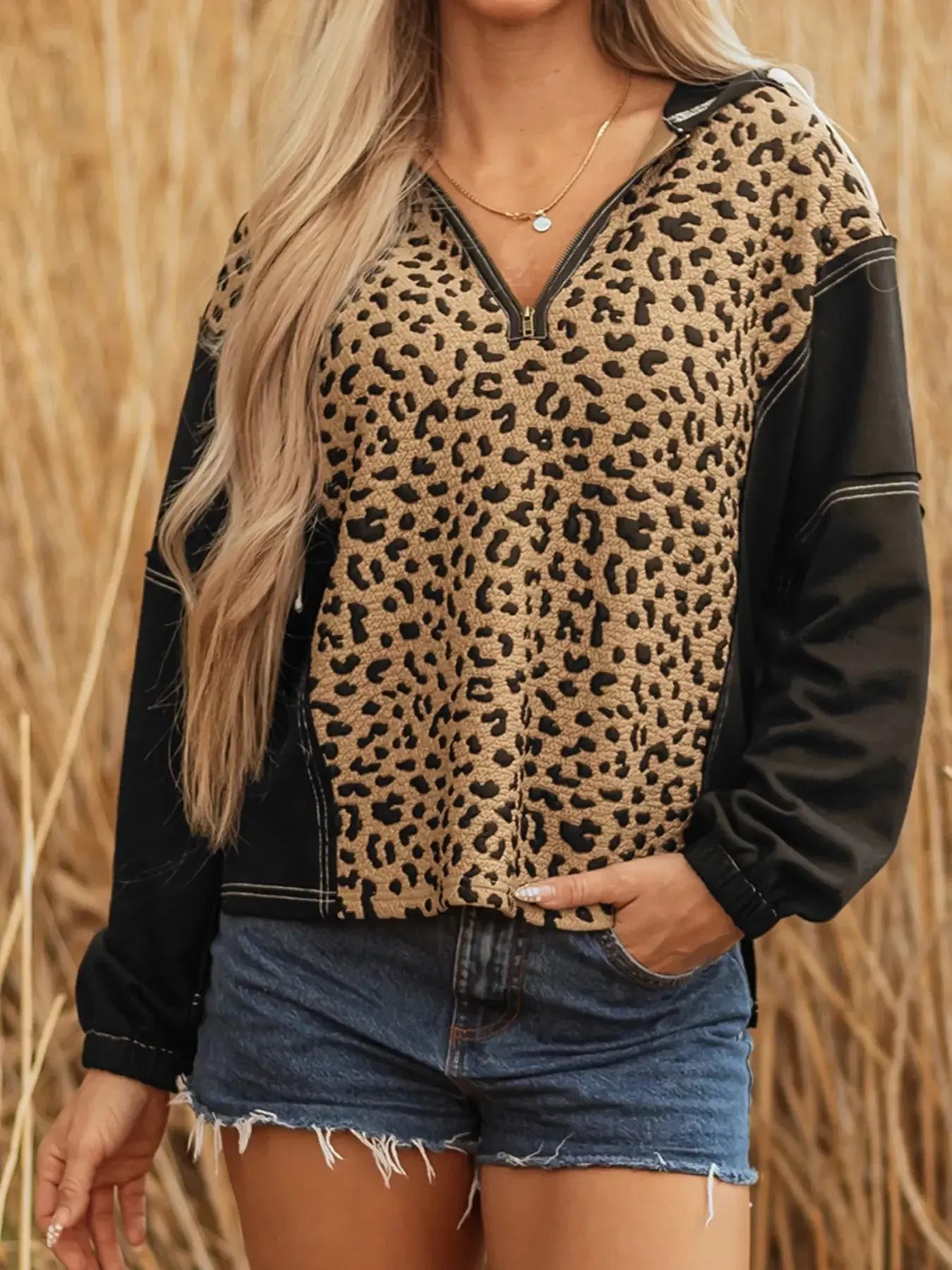 Leopard Patchwork Quarter Zip Hoodie With Contrast Stitching And Knotted Cuffs Simply Love