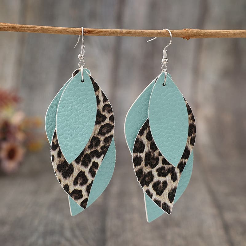 Leopard PU Leather Leaf Earrings.