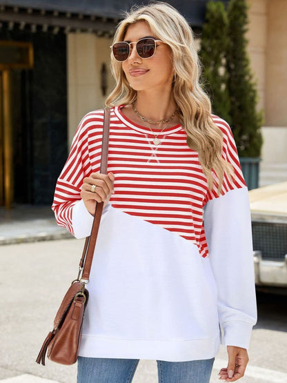 Slit Contrast Striped Long Sleeve Sweatshirt.