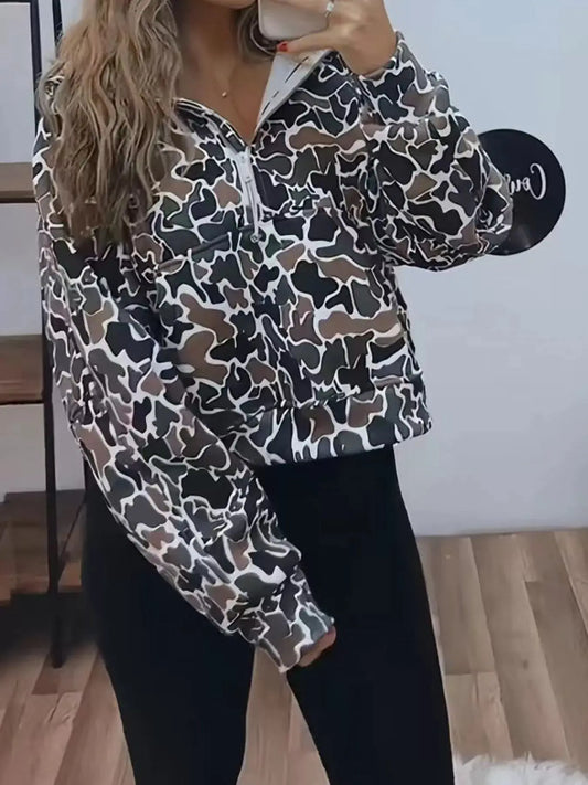 Full Size Camouflage Print Half-Zip Sweatshirt Plus Size Simply Love