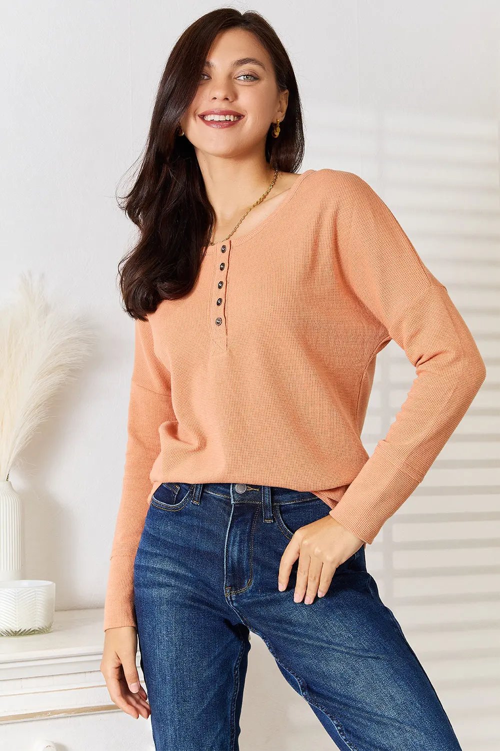 Basic Bae Half Button Long Sleeve Top - Love Salve
