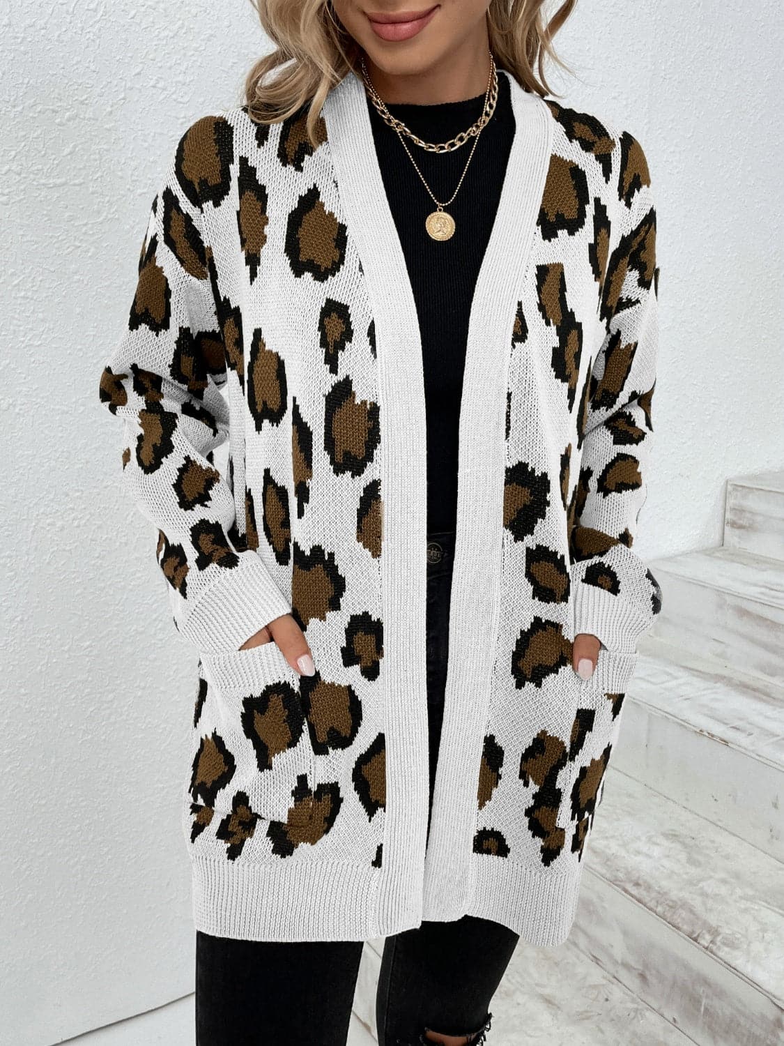 Leopard Open Front Dropped Shoulder Cardigan.