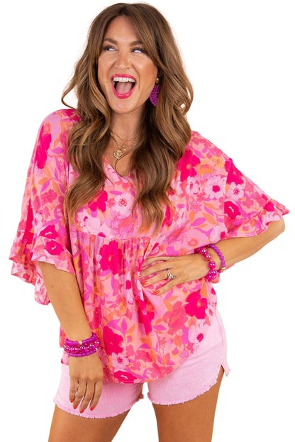 Lovely rose print ruffled plus size babydoll blouse