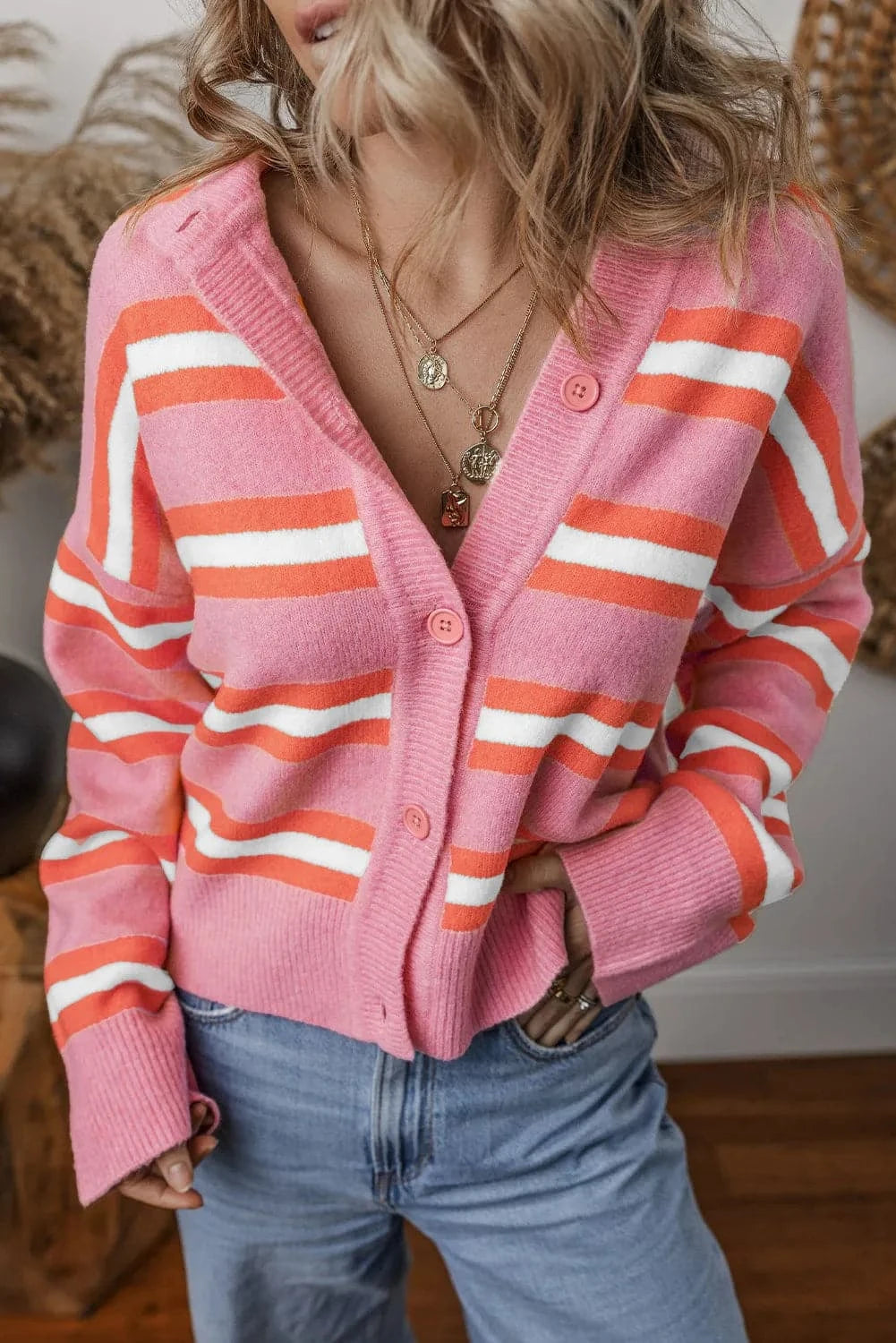 Striped Button Up Long Sleeve Cardigan.