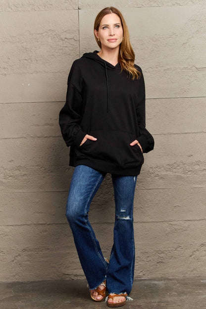 Chic long sleeve dropped shoulder hoodie with pockets