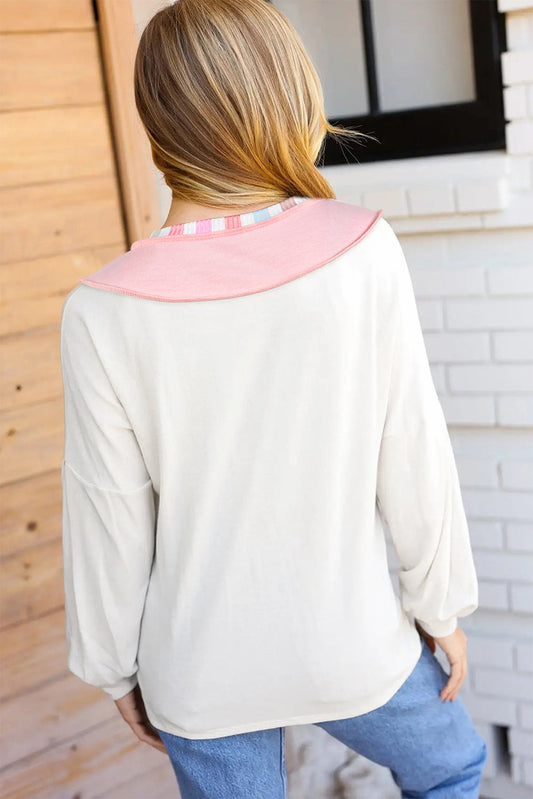 White Exposed Seam Rainbow Stripe Color Block V Neck Loose Long Sleeve Top Women Dear-Lover Dropshipping