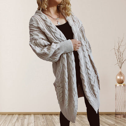 Cable-Knit Open Front Dropped Shoulder Cardigan.