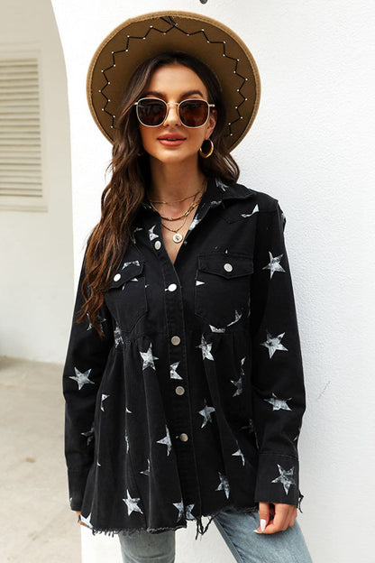 Collared Neck Star Print Long Sleeve Denim Jacket.