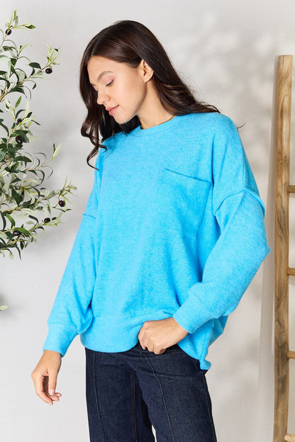 Zenana Round Neck Long Sleeve Sweater with Pocket.