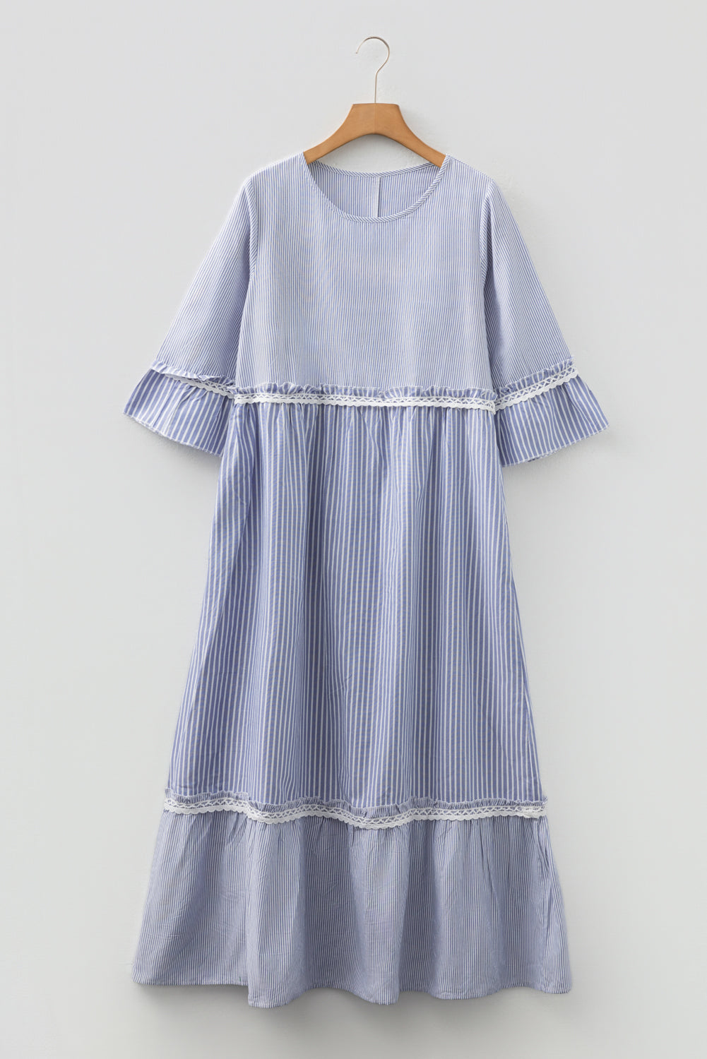 Premium Sky Blue Stripe Patchwork Lace Maxi Dress Bracelet Sleeve