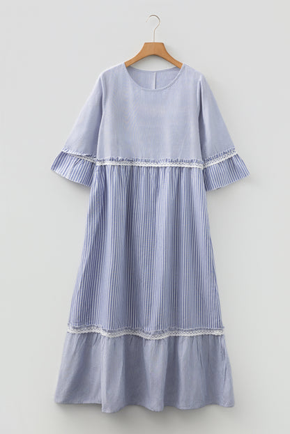 Premium Sky Blue Stripe Patchwork Lace Maxi Dress Bracelet Sleeve
