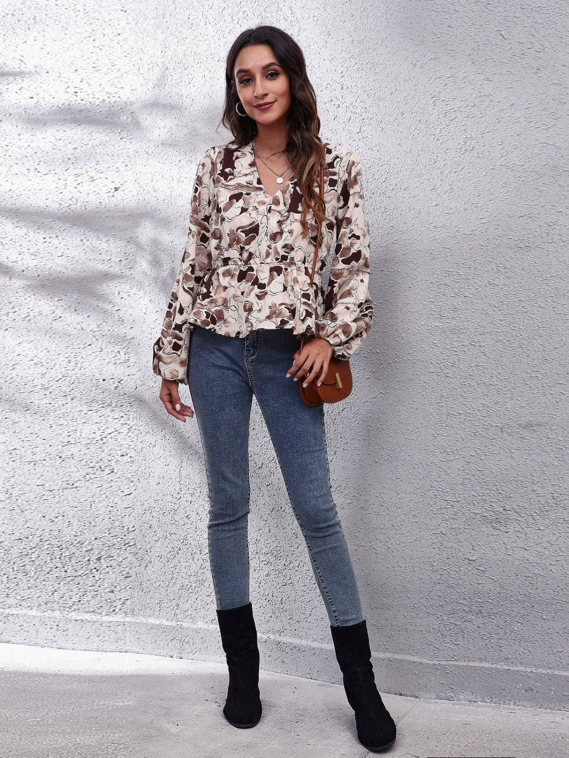 Ruched Printed V-Neck Long Sleeve Blouse.